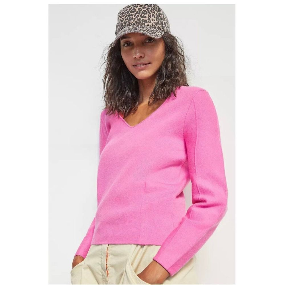 Anthropologie Maeve Lupita Bold Pink V-Neck Fitted Spring Sweater sz M EUC